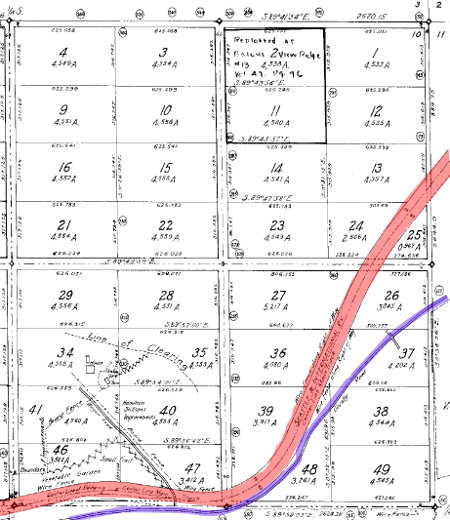 1897 survey of Stillson's land claim, showing railroad, county road and improvements.